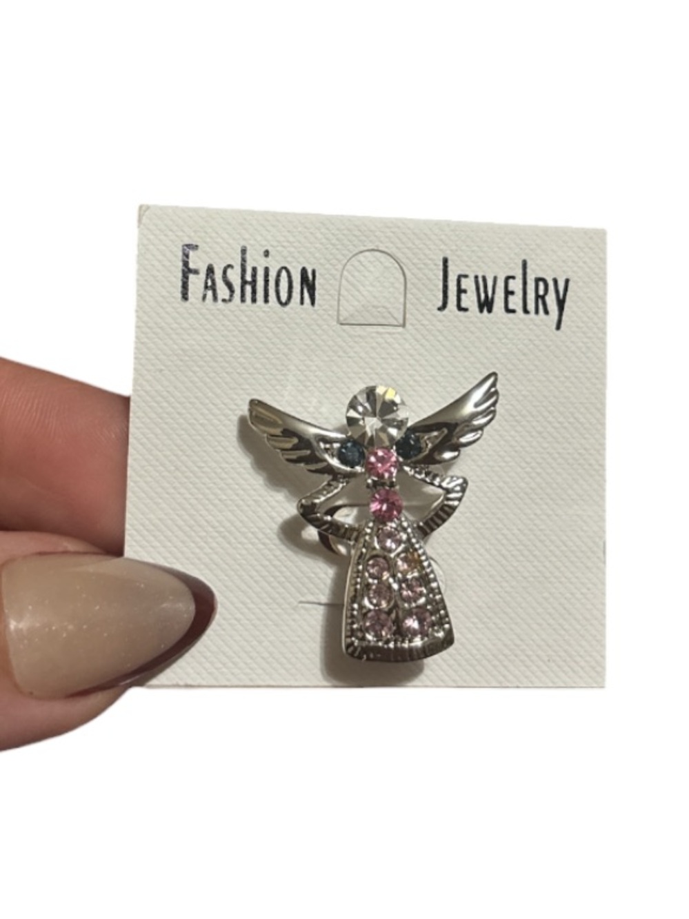 Silver Angel Brooch with Pink Crystals - Picture 2 of 4